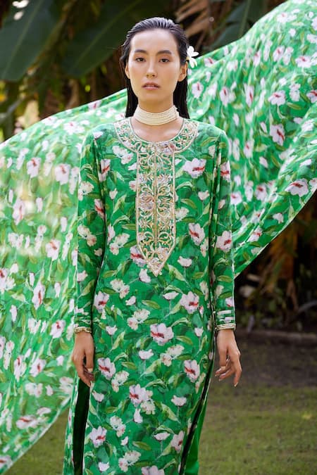 Shop_Atelier Shikaarbagh_Green Organza, Satin Embroidery Round Neck Floral Yoke Kurta Set _Online_at_Aza_Fashions