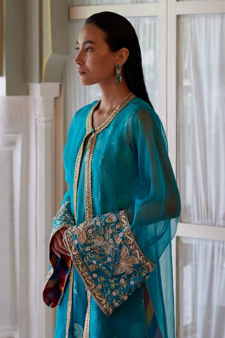Atelier Shikaarbagh_Blue Lurex, Organza, Satin Embroidery Floral Pattern Kurta Overlay Set _Online_at_Aza_Fashions