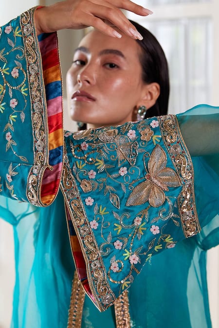 Buy_Atelier Shikaarbagh_Blue Lurex, Organza, Satin Embroidery Floral Pattern Kurta Overlay Set _Online_at_Aza_Fashions