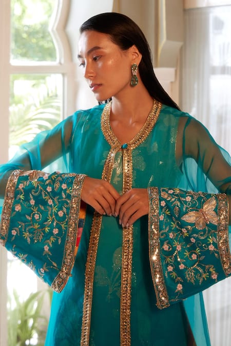 Shop_Atelier Shikaarbagh_Blue Lurex, Organza, Satin Embroidery Floral Pattern Kurta Overlay Set _Online_at_Aza_Fashions