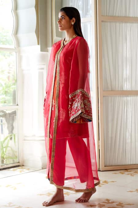 Atelier Shikaarbagh_Red Lurex, Organza, Satin Embroidery Round Neck, Kurta Overlay Set _Online_at_Aza_Fashions