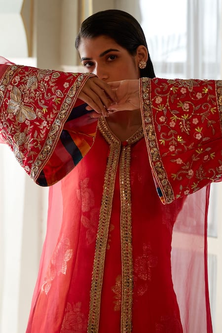 Buy_Atelier Shikaarbagh_Red Lurex, Organza, Satin Embroidery Round Neck, Kurta Overlay Set _Online_at_Aza_Fashions