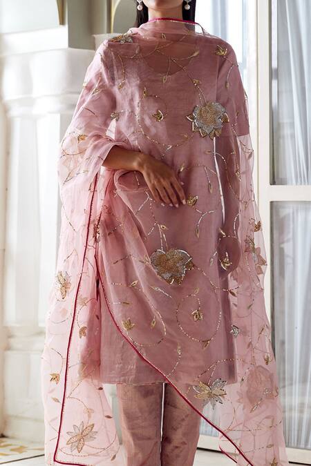 Buy_Atelier Shikaarbagh_Pink Organza, Embroidery V-neck Tissue Kurta Pant Set _Online_at_Aza_Fashions