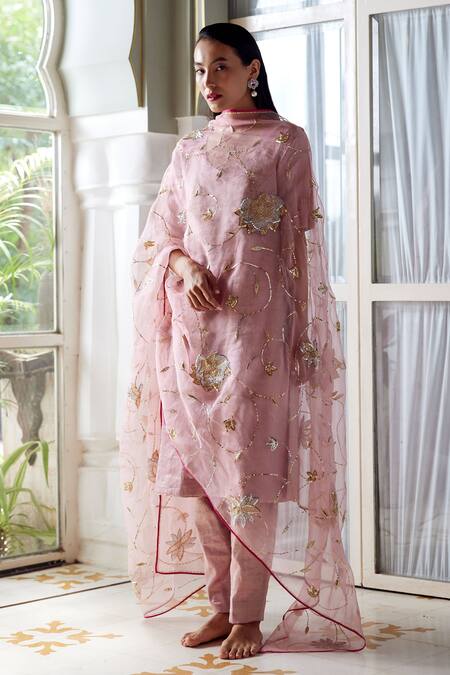 Shop_Atelier Shikaarbagh_Pink Organza, Embroidery V-neck Tissue Kurta Pant Set _Online_at_Aza_Fashions