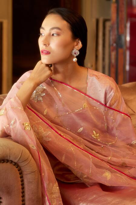 Atelier Shikaarbagh_Pink Organza, Embroidery V-neck Tissue Kurta Pant Set _at_Aza_Fashions
