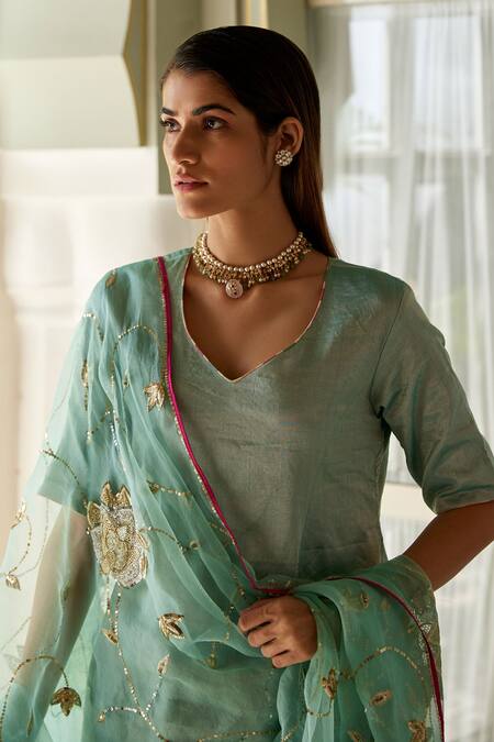 Shop_Atelier Shikaarbagh_Green Organza, Embroidery V-neck Kurta Pant Set _Online_at_Aza_Fashions