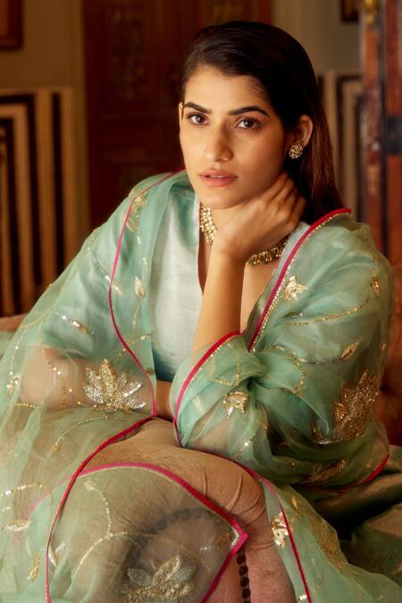 Atelier Shikaarbagh_Green Organza, Embroidery V-neck Kurta Pant Set _at_Aza_Fashions