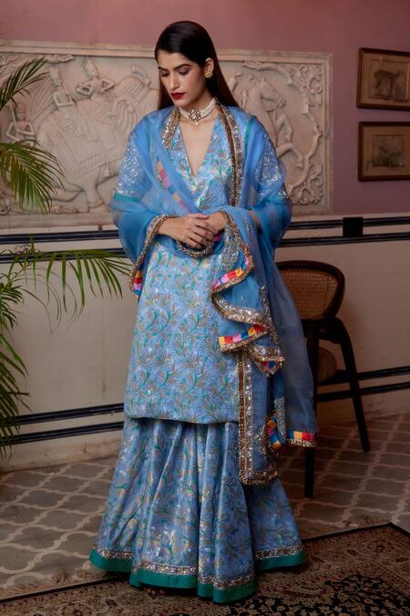 Atelier Shikaarbagh_Blue Brocade, Silk Organza Embroidery, Zari Floral Pattern Kurta Gharara Set _Online_at_Aza_Fashions