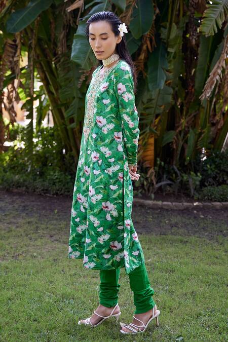 Atelier Shikaarbagh_Green Organza, Satin Embroidery Round Neck Floral Yoke Kurta Set _Online_at_Aza_Fashions