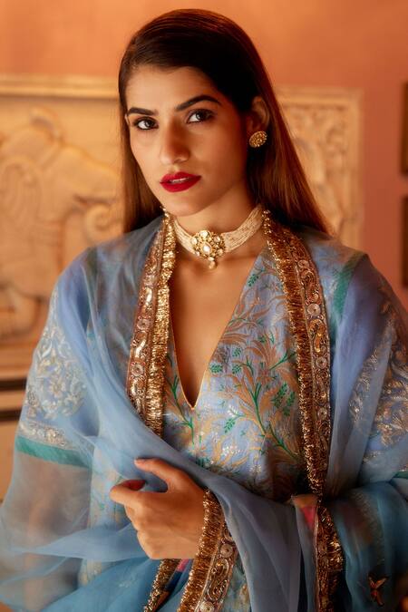 Buy_Atelier Shikaarbagh_Blue Brocade, Silk Organza Embroidery, Zari Floral Pattern Kurta Gharara Set _Online_at_Aza_Fashions