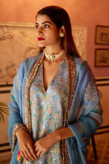 Shop_Atelier Shikaarbagh_Blue Brocade, Silk Organza Embroidery, Zari Floral Pattern Kurta Gharara Set _Online_at_Aza_Fashions