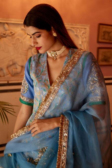 Atelier Shikaarbagh_Blue Brocade, Silk Organza Embroidery, Zari Floral Pattern Kurta Gharara Set _at_Aza_Fashions