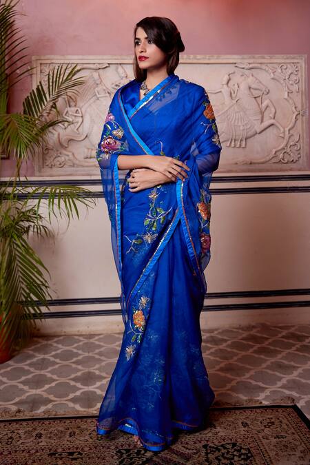 Atelier Shikaarbagh_Blue Organza, Satin Embroidery, Sequins, Zari Zardozi Saree _at_Aza_Fashions