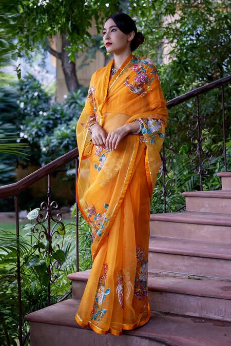 Atelier Shikaarbagh Yellow Organza, Satin Sequins, Embroidery Bird Saree at Aza Fashions Atelier Shikaarbagh_Yellow Organza, Satin Sequins, Embroidery Bird Saree _at_Aza_Fashions