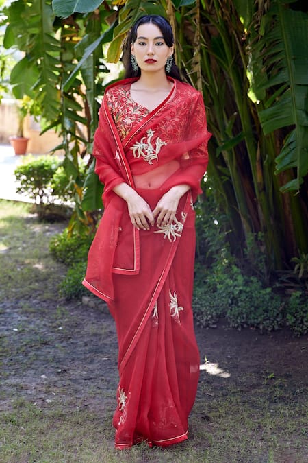 Atelier Shikaarbagh Red Silk Organza, Brocade Embroidery, Zari Round Neck Flower Placement Saree at Aza Fashions Atelier Shikaarbagh_Red Silk Organza, Brocade Embroidery, Zari Round Neck Flower Placement Saree _at_Aza_Fashions
