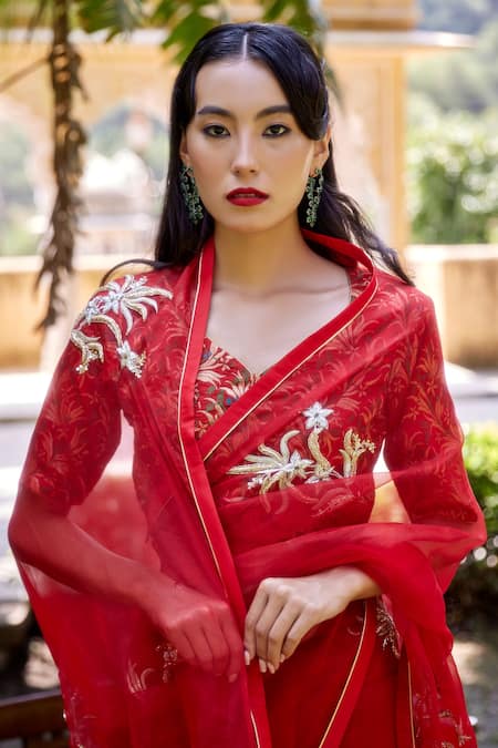 Shop Atelier Shikaarbagh Red Silk Organza, Brocade Embroidery, Zari Round Neck Flower Placement Saree Online at Aza Fashions Shop_Atelier Shikaarbagh_Red Silk Organza, Brocade Embroidery, Zari Round Neck Flower Placement Saree _Online_at_Aza_Fashions