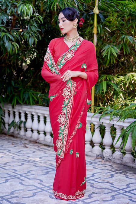 Dark Green And Red Designer Festive Wear Bandhni Special Chiffon Saree –  Fashionfy