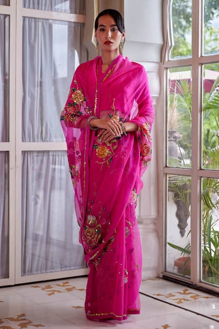 Atelier Shikaarbagh Pink Organza, Satin Sequins, Embroidery Placement Saree Online at Aza Fashions Atelier Shikaarbagh_Pink Organza, Satin Sequins, Embroidery Placement Saree _Online_at_Aza_Fashions
