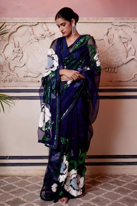 Atelier Shikaarbagh Blue Saree - Silk Organza Embroidery Sequin Floral Online at Aza Fashions Atelier Shikaarbagh_Blue Saree - Silk Organza Embroidery Sequin Floral _Online_at_Aza_Fashions