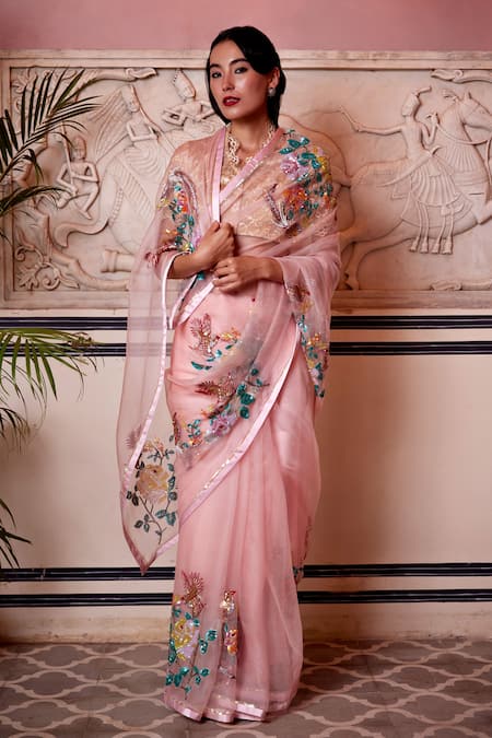 Atelier Shikaarbagh_Pink Embroidery Shell Sequin Saree  _Online_at_Aza_Fashions