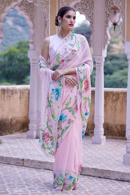 Peach Pink Floral 3D Printed Pure Satin Silk Saree for Weddings – SHE IN  SAREES