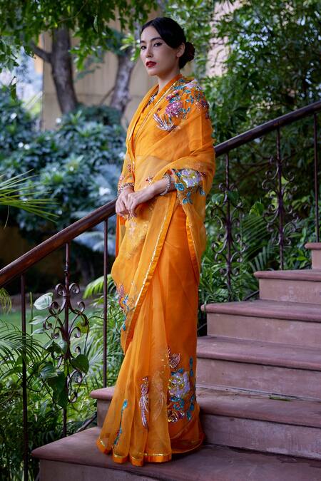 Atelier Shikaarbagh Yellow Organza, Satin Sequins, Embroidery Bird Saree Online at Aza Fashions Atelier Shikaarbagh_Yellow Organza, Satin Sequins, Embroidery Bird Saree _Online_at_Aza_Fashions