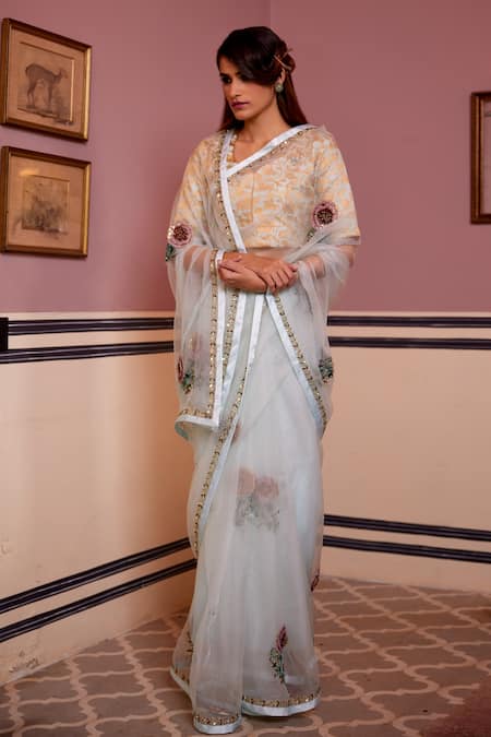 Buy_Atelier Shikaarbagh_White Silk Organza, Brocade Sequins Leaf Border Embroidered Saree _Online_at_Aza_Fashions