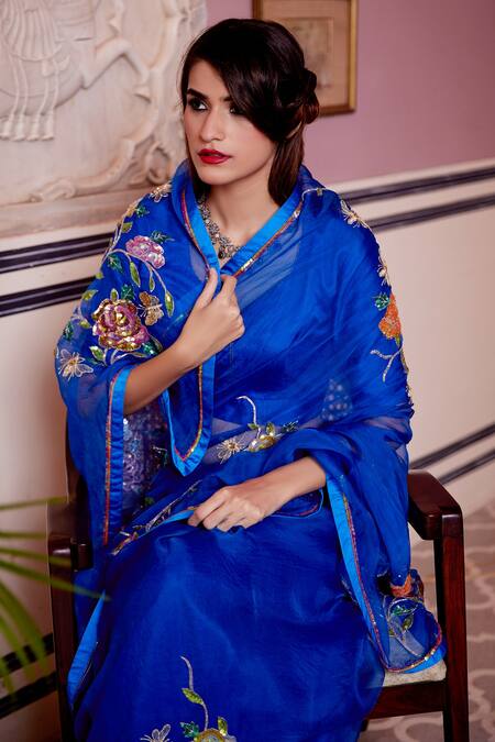 Atelier Shikaarbagh_Blue Organza, Satin Embroidery, Sequins, Zari Zardozi Saree _Online_at_Aza_Fashions