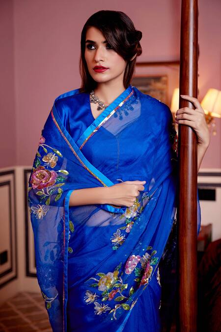 Buy_Atelier Shikaarbagh_Blue Organza, Satin Embroidery, Sequins, Zari Zardozi Saree _Online_at_Aza_Fashions