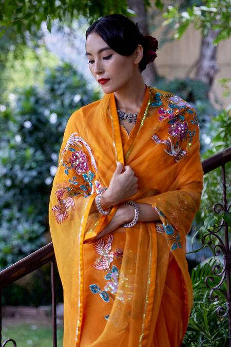 Buy Atelier Shikaarbagh Yellow Organza, Satin Sequins, Embroidery Bird Saree Online at Aza Fashions Buy_Atelier Shikaarbagh_Yellow Organza, Satin Sequins, Embroidery Bird Saree _Online_at_Aza_Fashions
