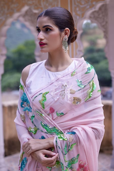 Shop Atelier Shikaarbagh Pink , Chiffon, Satin Sequins, Zari, Embroidery 3d Butterfly Saree Online at Aza Fashions Shop_Atelier Shikaarbagh_Pink , Chiffon, Satin Sequins, Zari, Embroidery 3d Butterfly Saree _Online_at_Aza_Fashions