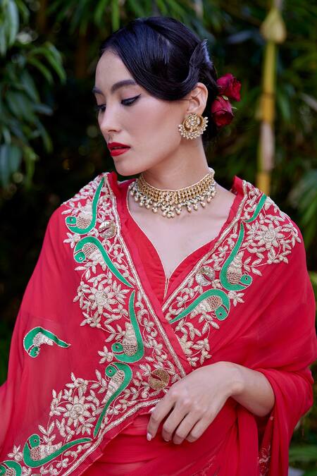 Buy Atelier Shikaarbagh Red , Georgette, Satin Embroidery Tota Bordered Saree Online at Aza Fashions Buy_Atelier Shikaarbagh_Red , Georgette, Satin Embroidery Tota Bordered Saree _Online_at_Aza_Fashions