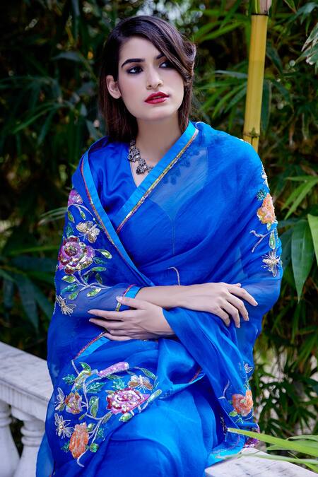Shop_Atelier Shikaarbagh_Blue Organza, Satin Embroidery, Sequins, Zari Zardozi Saree _Online_at_Aza_Fashions