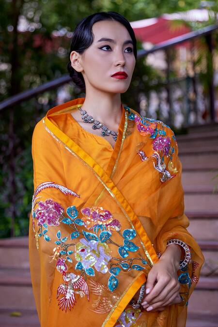 Shop Atelier Shikaarbagh Yellow Organza, Satin Sequins, Embroidery Bird Saree Online at Aza Fashions Shop_Atelier Shikaarbagh_Yellow Organza, Satin Sequins, Embroidery Bird Saree _Online_at_Aza_Fashions