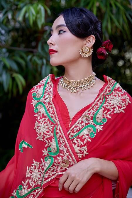 Shop Atelier Shikaarbagh Red , Georgette, Satin Embroidery Tota Bordered Saree Online at Aza Fashions Shop_Atelier Shikaarbagh_Red , Georgette, Satin Embroidery Tota Bordered Saree _Online_at_Aza_Fashions