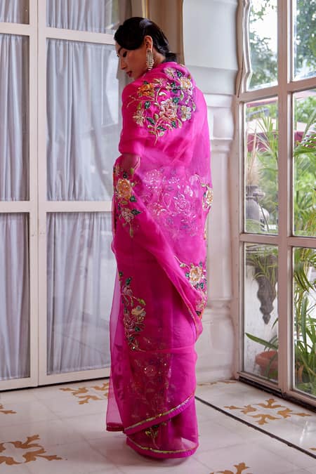 Shop Atelier Shikaarbagh Pink Organza, Satin Sequins, Embroidery Placement Saree Online at Aza Fashions Shop_Atelier Shikaarbagh_Pink Organza, Satin Sequins, Embroidery Placement Saree _Online_at_Aza_Fashions