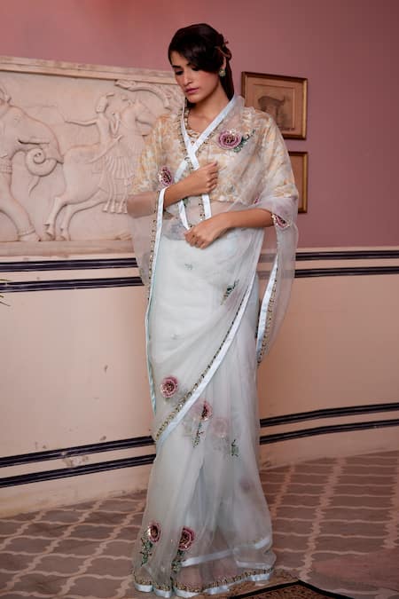 Shop_Atelier Shikaarbagh_White Silk Organza, Brocade Sequins Leaf Border Embroidered Saree _Online_at_Aza_Fashions