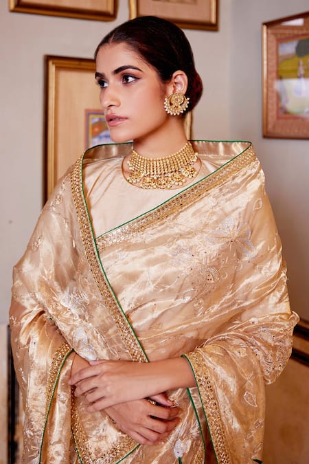 Shop_Atelier Shikaarbagh_Gold Silk Tissue Embroidery Floral Butterfly Saree  _Online_at_Aza_Fashions