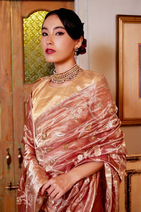 Shop_Atelier Shikaarbagh_Gold Silk, Tissue Embroidery Deer Jaal Saree _Online_at_Aza_Fashions