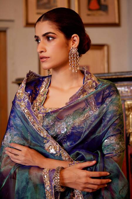 Buy Atelier Shikaarbagh Blue Tissue, Brocade Embroidery Floral Saree Online at Aza Fashions Buy_Atelier Shikaarbagh_Blue Tissue, Brocade Embroidery Floral Saree _Online_at_Aza_Fashions