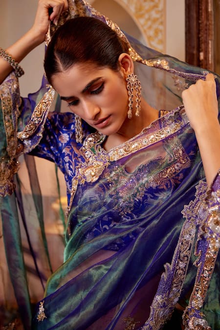 Shop Atelier Shikaarbagh Blue Tissue, Brocade Embroidery Floral Saree Online at Aza Fashions Shop_Atelier Shikaarbagh_Blue Tissue, Brocade Embroidery Floral Saree _Online_at_Aza_Fashions