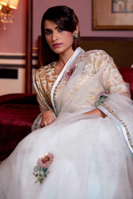 Atelier Shikaarbagh_White Silk Organza, Brocade Sequins Leaf Border Embroidered Saree _at_Aza_Fashions