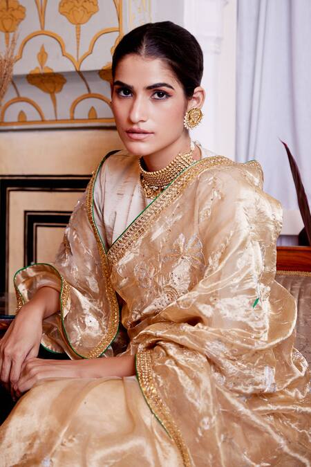 Atelier Shikaarbagh_Gold Silk Tissue Embroidery Floral Butterfly Saree  _at_Aza_Fashions