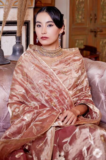 Atelier Shikaarbagh_Gold Silk, Tissue Embroidery Deer Jaal Saree _at_Aza_Fashions