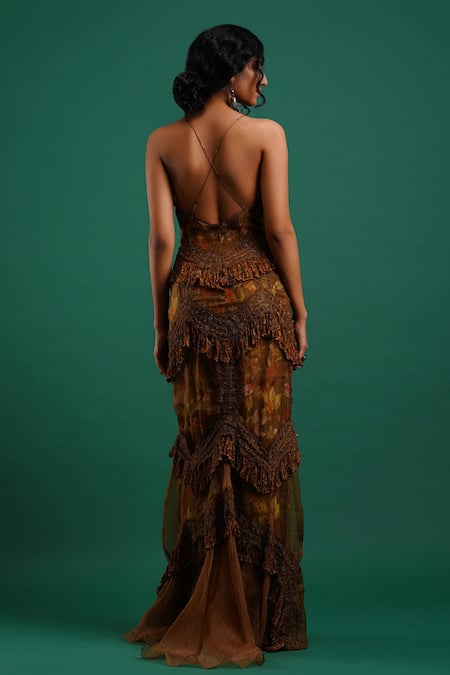 Shop Nidhi Yasha Green Viscose Printed V Neck Gown at Aza Fashions Shop_Nidhi Yasha_Green Viscose Printed V Neck Gown _at_Aza_Fashions