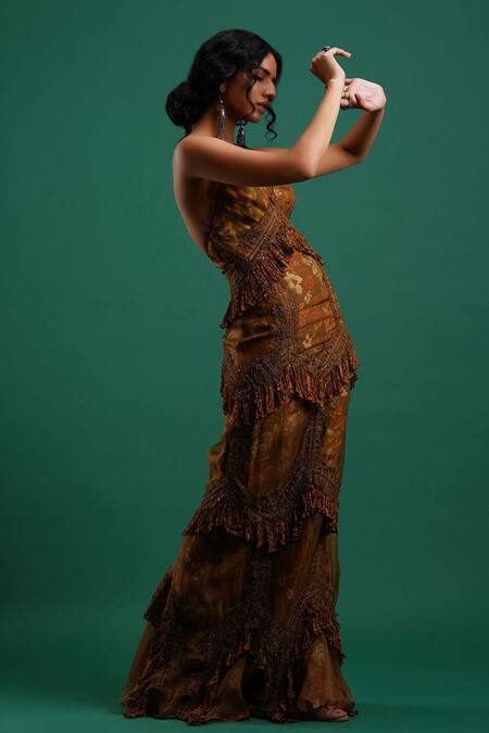 Nidhi Yasha Green Viscose Printed V Neck Gown Online at Aza Fashions Nidhi Yasha_Green Viscose Printed V Neck Gown _Online_at_Aza_Fashions