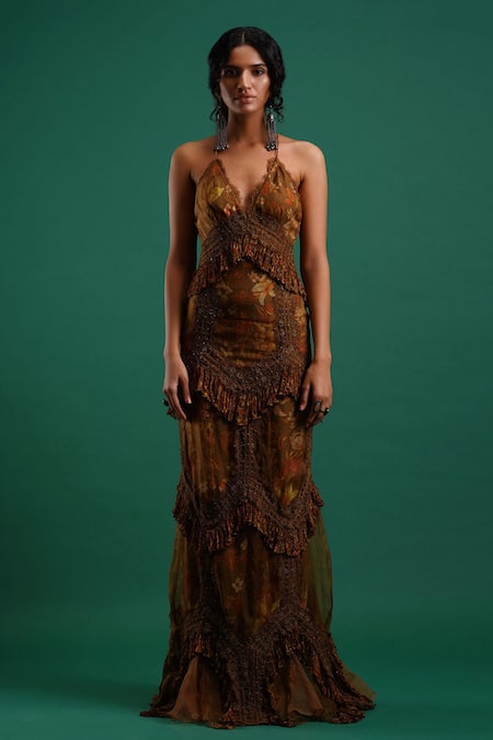 Buy Nidhi Yasha Green Viscose Printed V Neck Gown Online at Aza Fashions Buy_Nidhi Yasha_Green Viscose Printed V Neck Gown _Online_at_Aza_Fashions