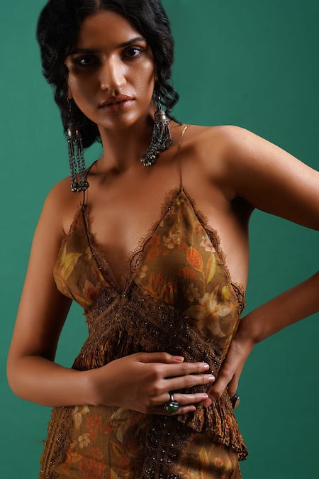 Nidhi Yasha Green Viscose Printed V Neck Gown at Aza Fashions Nidhi Yasha_Green Viscose Printed V Neck Gown _at_Aza_Fashions