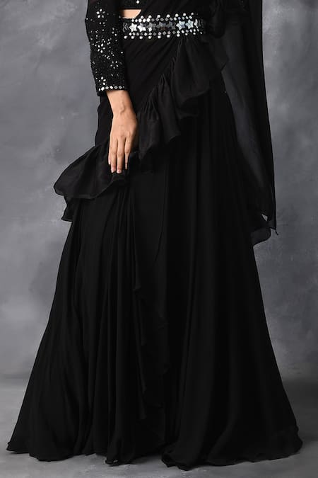 Shop_Neha Chopra Tandon_Black Georgette Lehenga Saree With Blouse_Online_at_Aza_Fashions