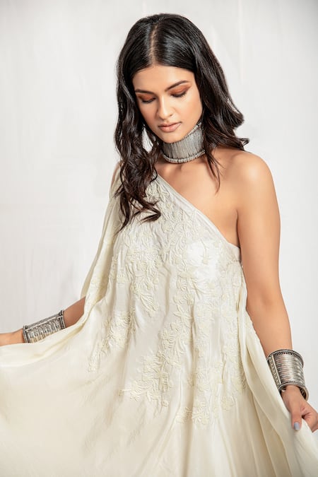 Shop_Amrita Thakur_White Embroidery Asymmetric One Shoulder Kurta And Lehenga Set _Online_at_Aza_Fashions